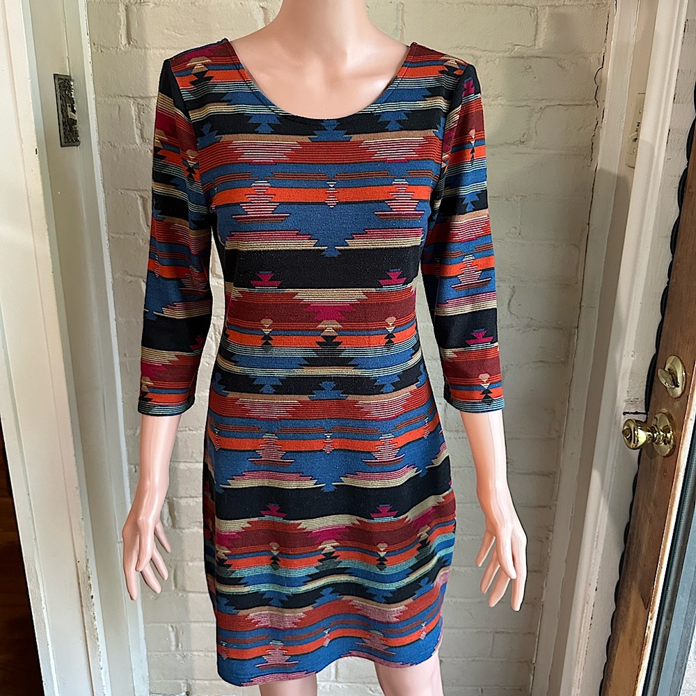 American Rag size small multi color orange blue tribal print boho dress